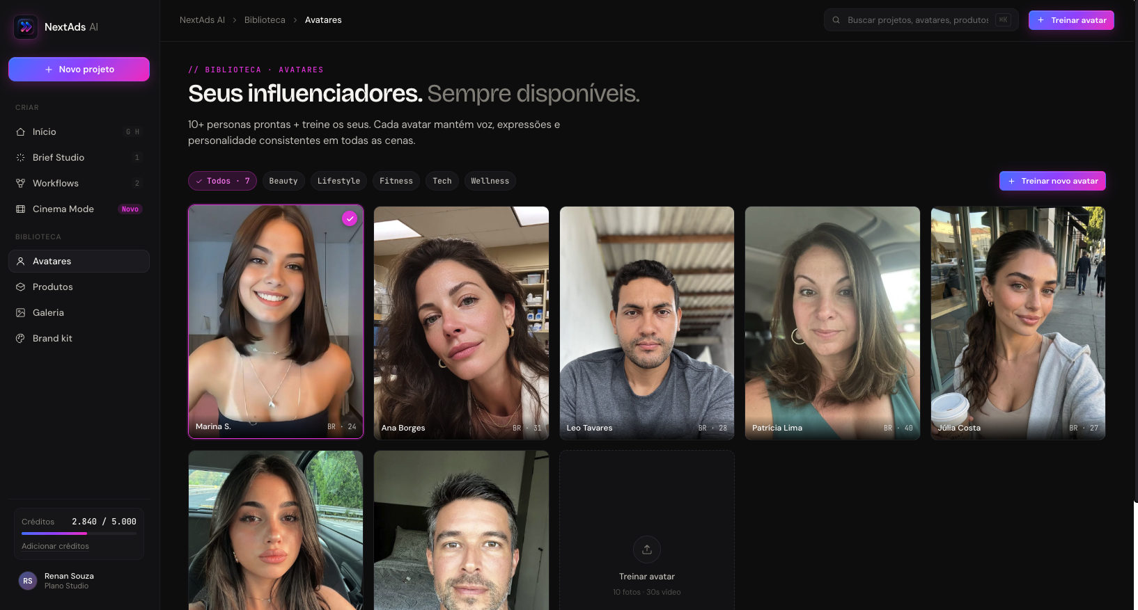 NextAds AI: biblioteca de avatares de IA prontos pra criar criativos